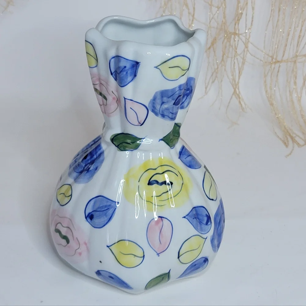 Boutique Hand Painted Clay Motif Ceramic Floral Vase Yellow blue green